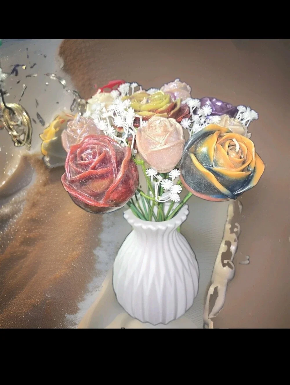 Stunning Realistic 16 Wax Rose Candles + Bonus Butterfly Bouquet Awesome Gift